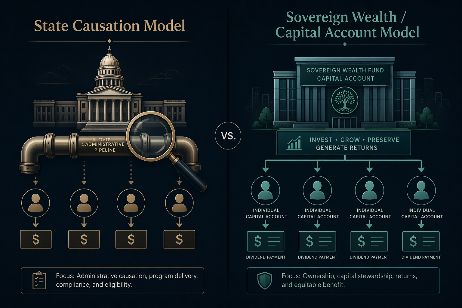 Comparison diagram of a state causation model and a sovereign wealth or capital account model