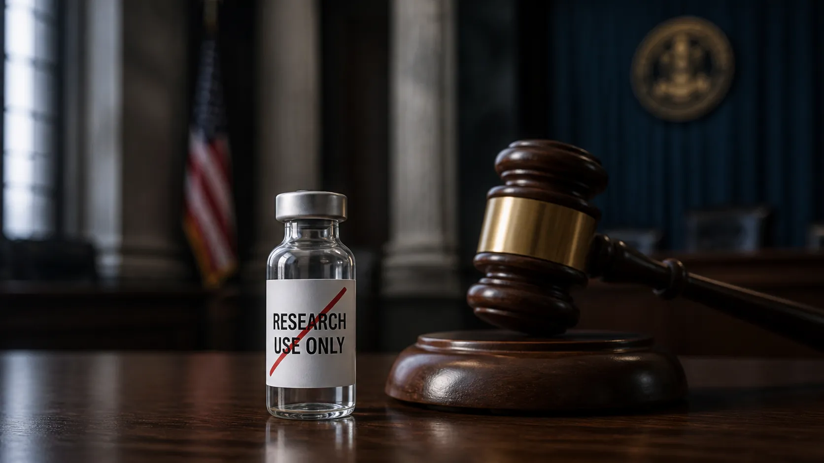 Laboratory vial labeled research use only crossed out beside a judge's gavel