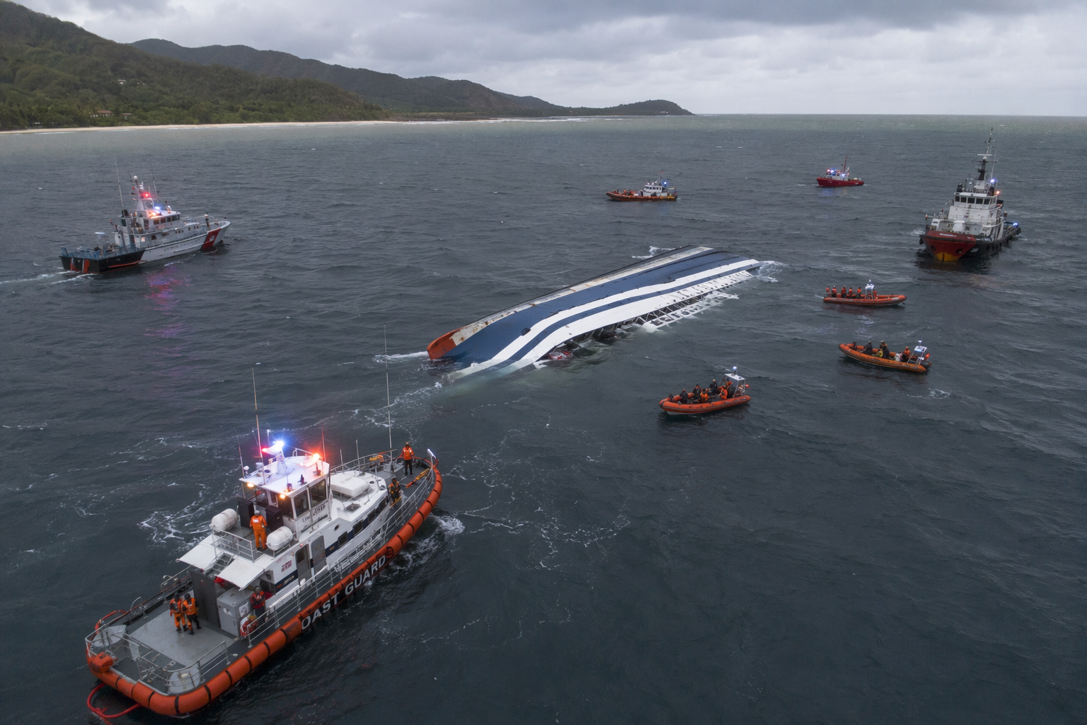A rescue operation around a capsized ferry in rough dark water