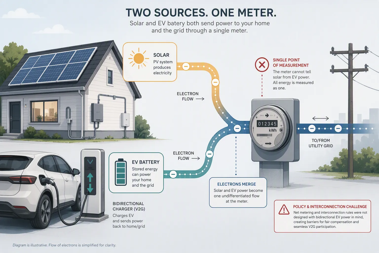 Residential rooftop solar and an electric vehicle feeding one utility meter with undifferentiated exports