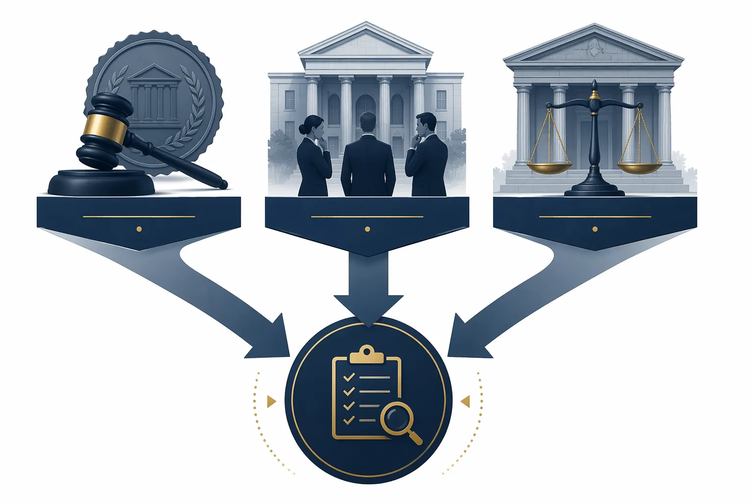 Vendor risk assessment diagram linking corporate governance, law firm exposure, and courthouse scrutiny