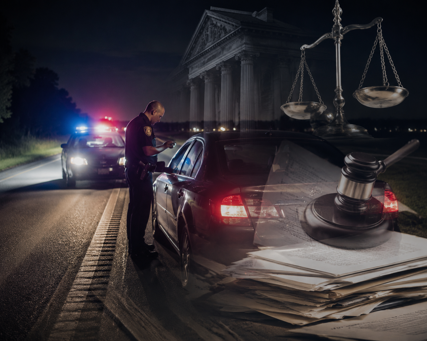 Rural Indiana roadside traffic stop with legal document and justice symbols overlaid