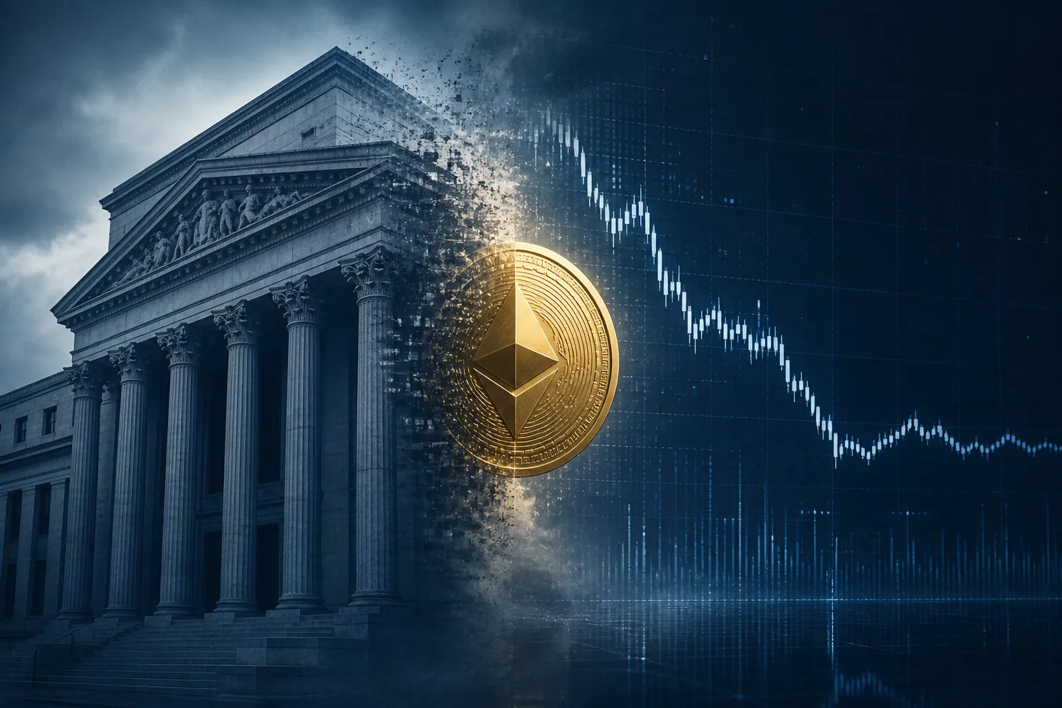 Regulatory building dissolving into a falling and leveling stock chart with a crypto coin between light and shadow