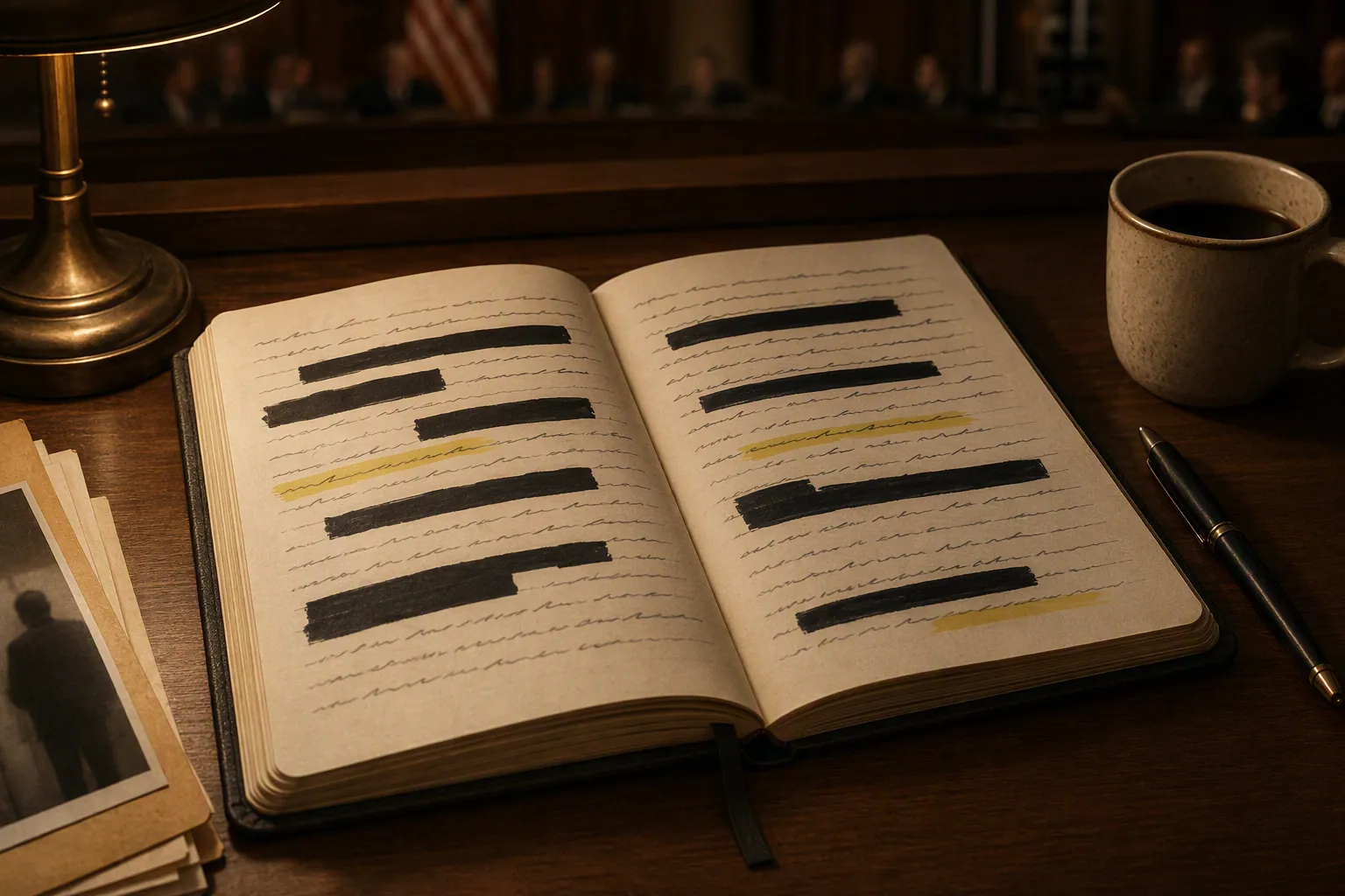 Open private journal with redaction bars and highlighted lines on a desk
