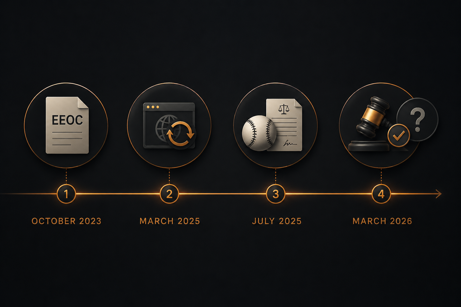 Timeline of EEOC complaint, website refresh, Dodgers complaint, and Cooper settlement