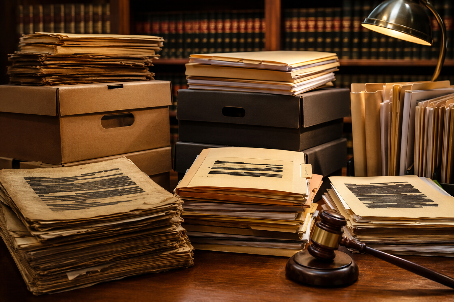 Stacked legal document boxes, file folders, and a gavel in a law library setting