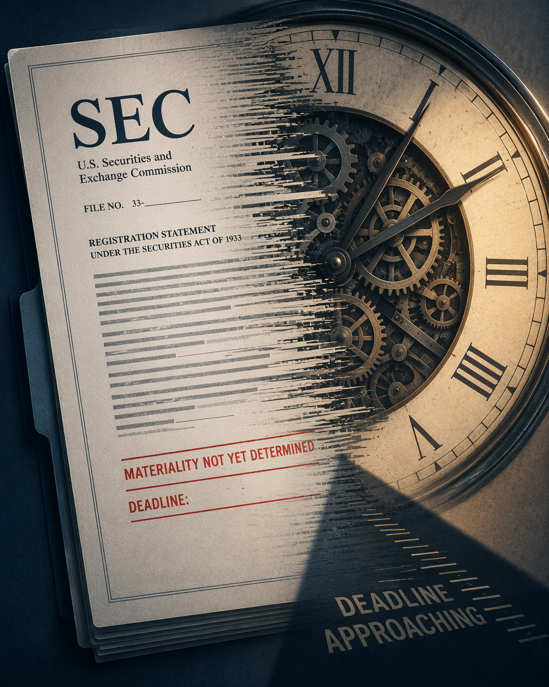 SEC filing document merging with a clock face and a materiality not yet determined annotation