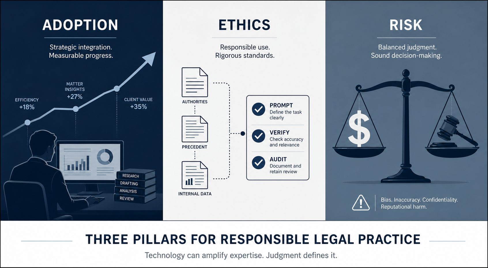 Three-panel editorial infographic showing AI adoption trends, ethics framework, and risk metrics in legal practice.