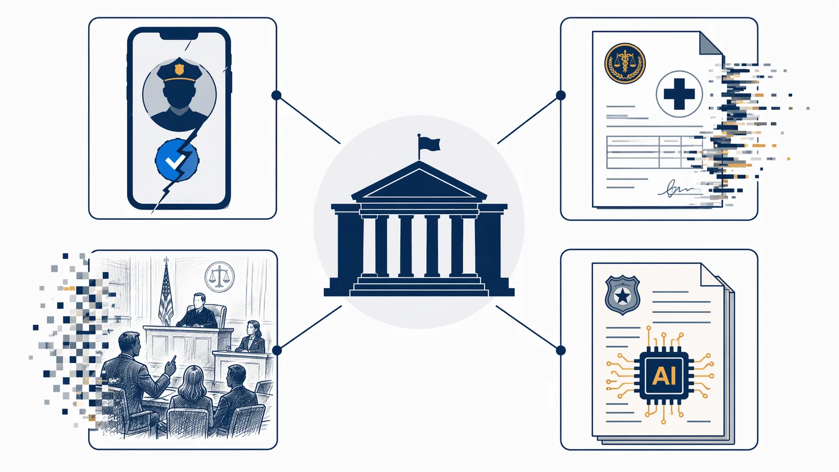 Courthouse surrounded by AI misinformation vectors including a fake police profile, fabricated medical document, distorted courtroom scene, and AI-linked police report