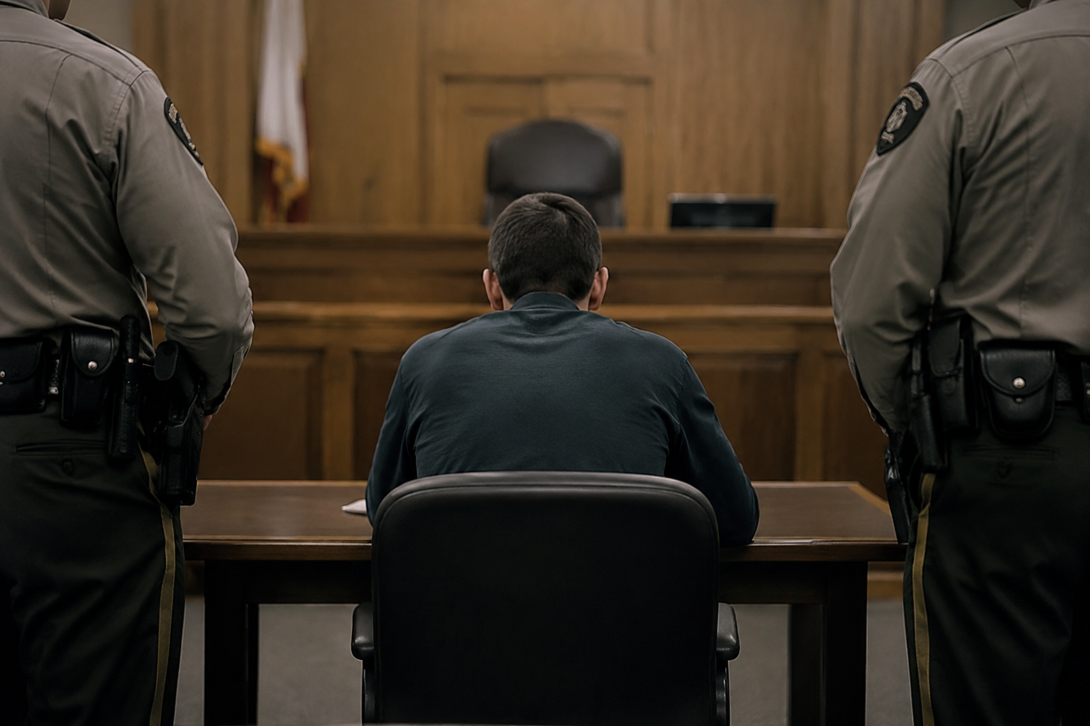 A defendant seated at a defense table in a California courtroom with hands visible on the tabletop and deputies standing nearby