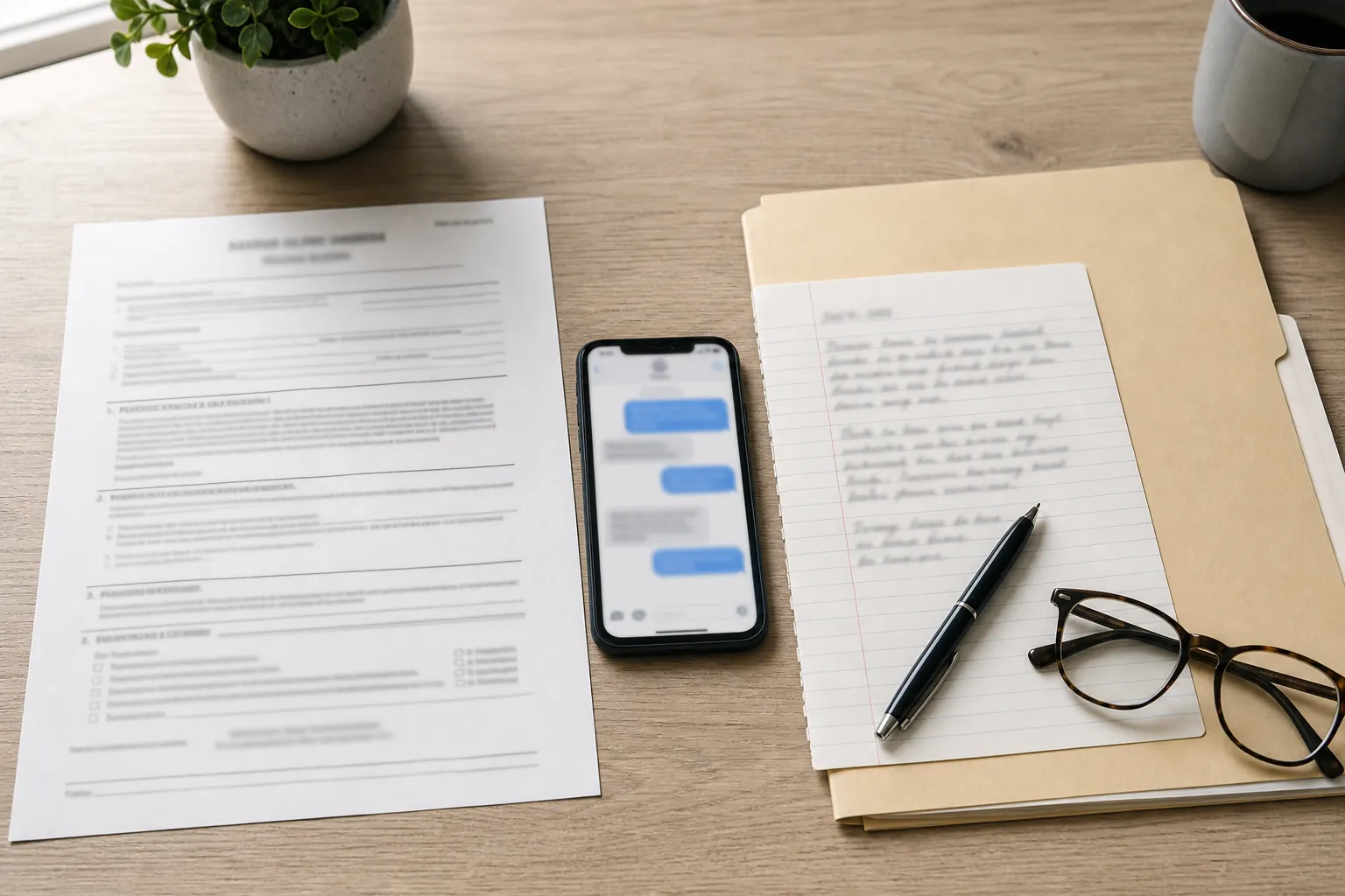 Protective order form, blurred text messages, incident notes, file folder, pen, and reading glasses on a desk