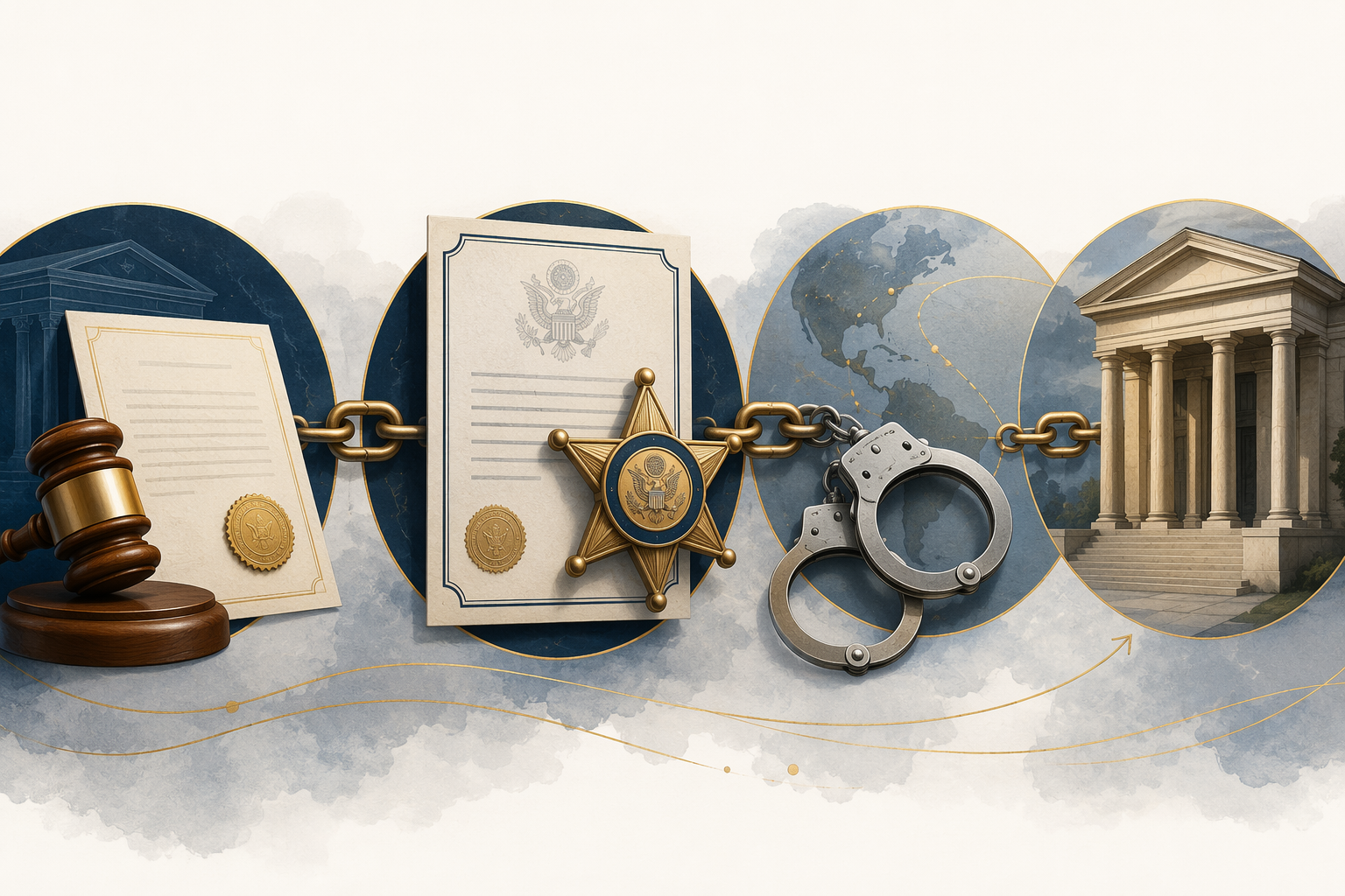 Editorial illustration of a court document, federal warrant badge, handcuffs, and courthouse