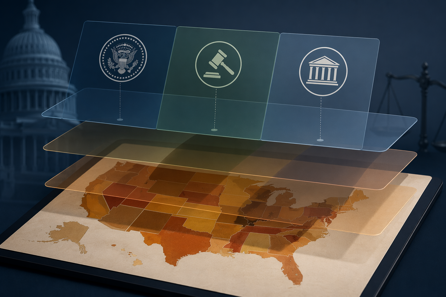 Overlapping federal, enforcement, and congressional regulatory layers casting shadows over a fragmented United States map