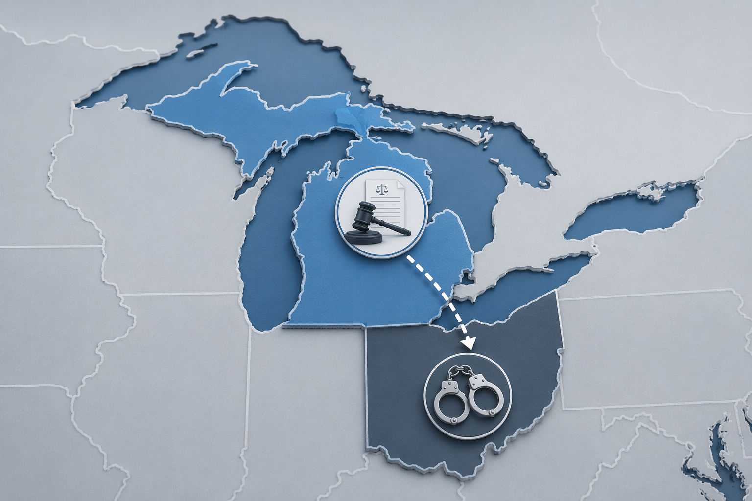 Map of Michigan and Ohio showing an interstate child support enforcement path from a Michigan order to an Ohio hold