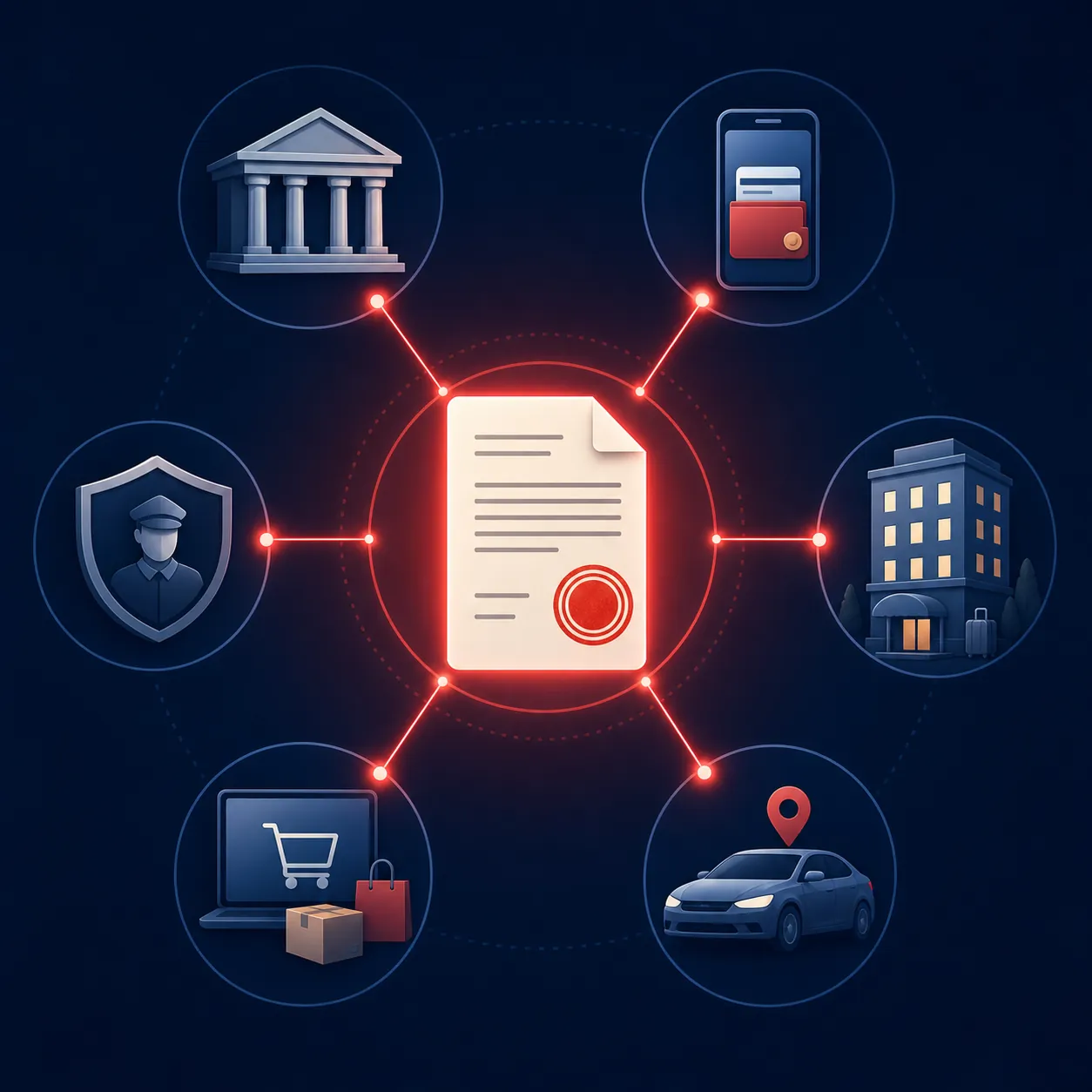 Legal document with alert lines extending to bank, payment app, hotel, rideshare, online platform, and security service icons