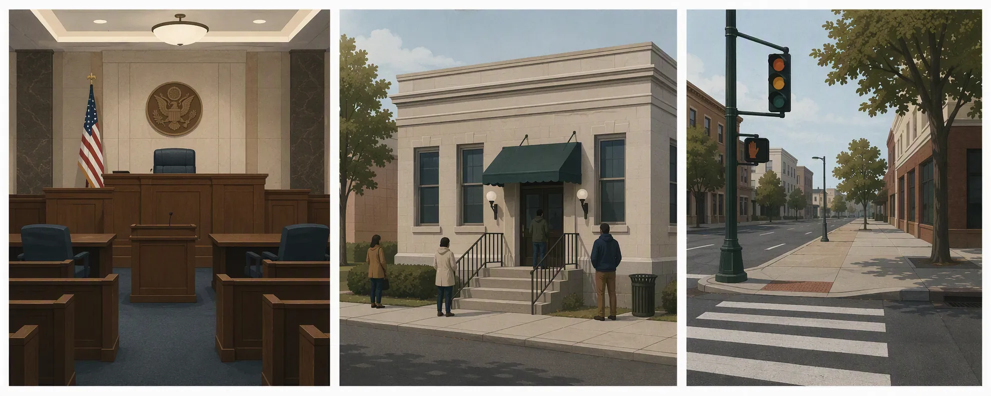 Illustration comparing an immigration courtroom, a county justice court, and a public street corner