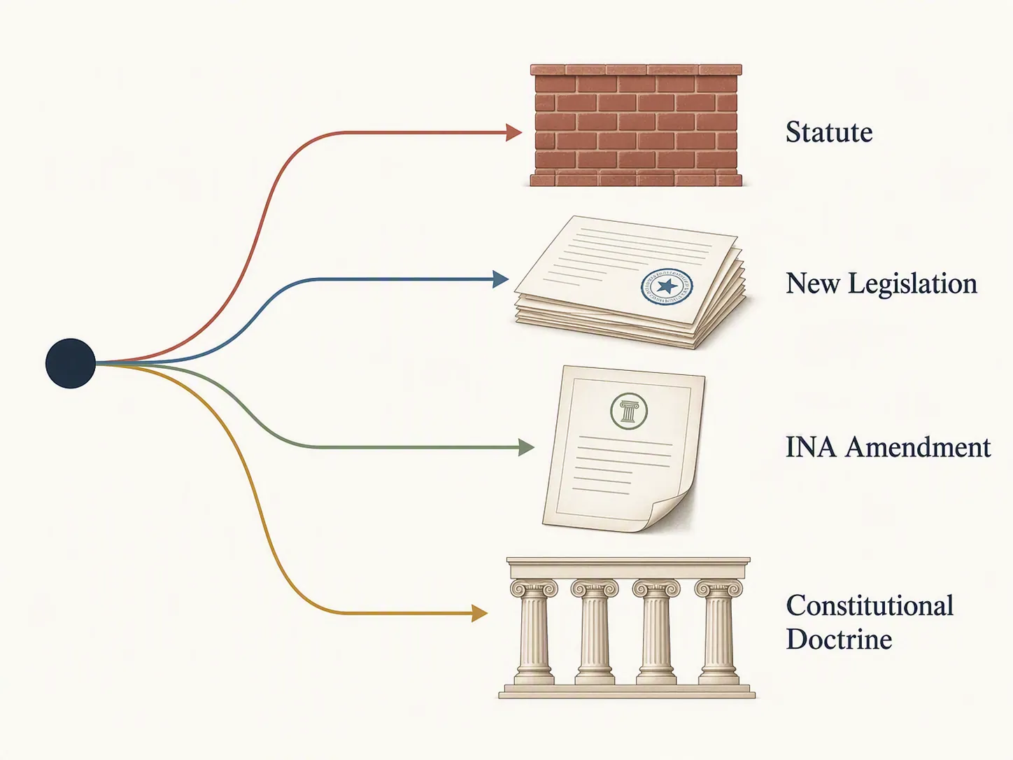 A diagram mapping one immigration slogan into statute, new legislation, INA amendment, and constitutional doctrine