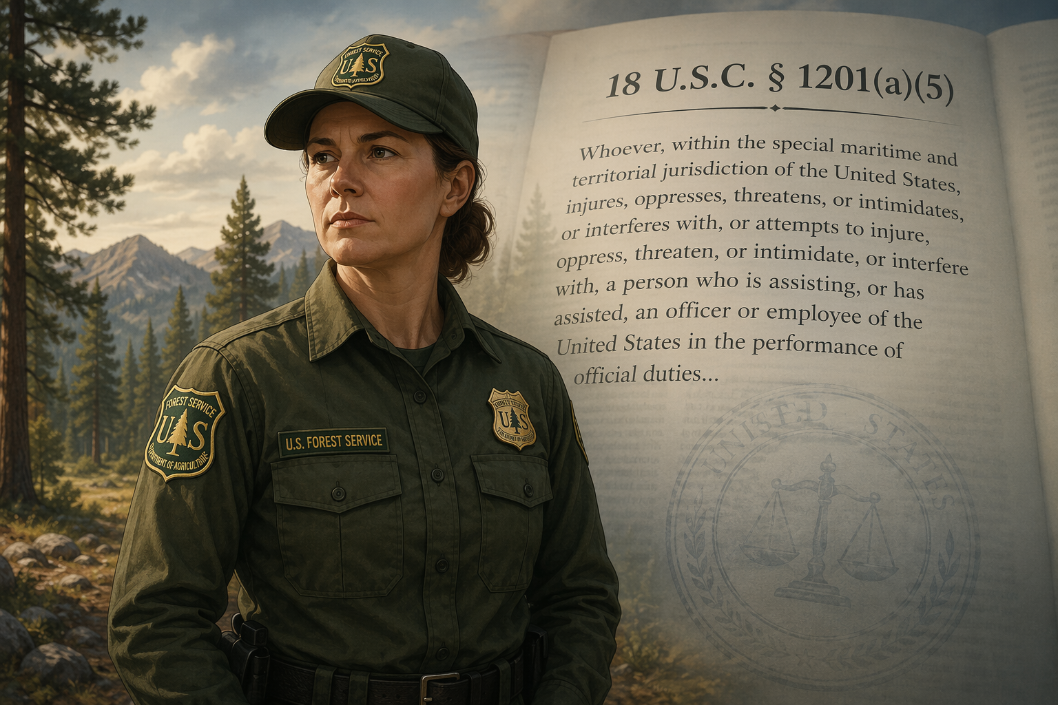 Forest Service employee in a pine forest with 18 U.S.C. § 1201(a)(5) text in the background