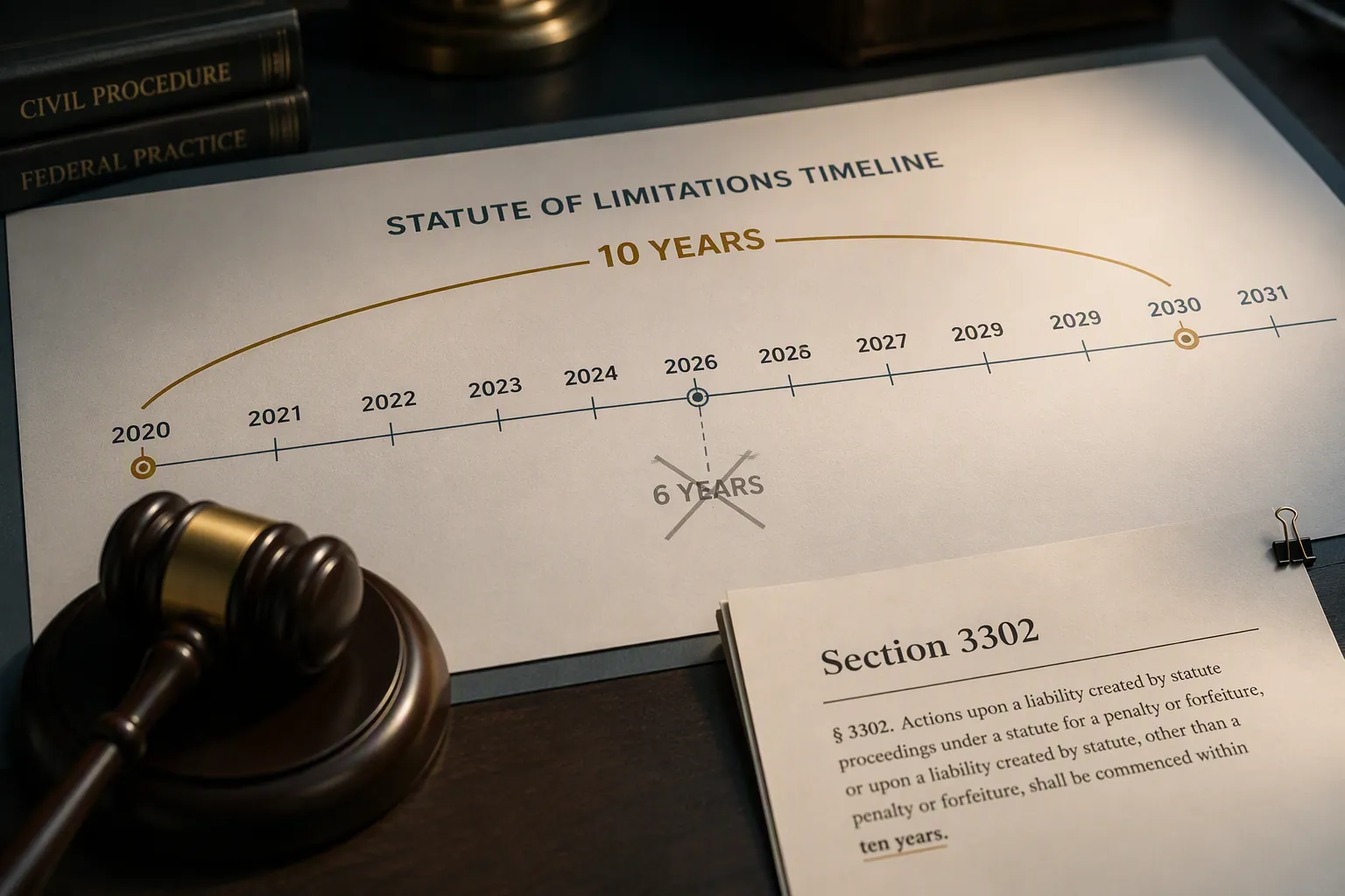Legal calendar from 2020 to 2031 with a highlighted 10-year timeline, a gavel, and a document labeled Section 3302
