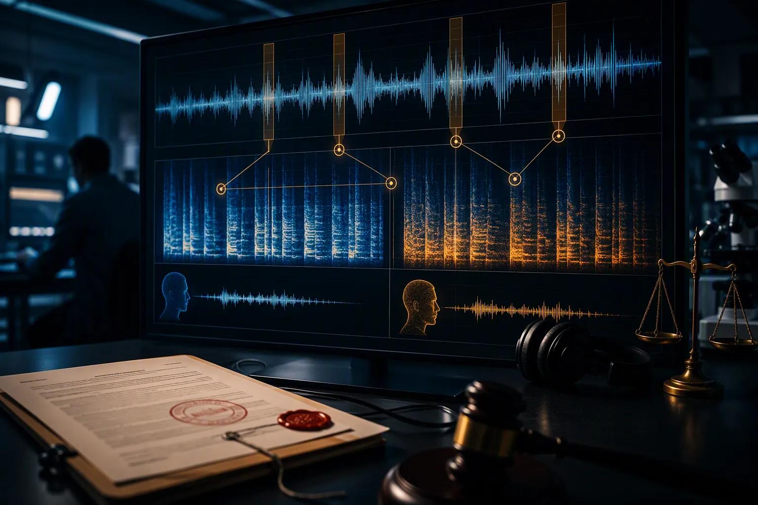 Forensic laboratory with audio frequency spectrogram analysis and legal evidence documents
