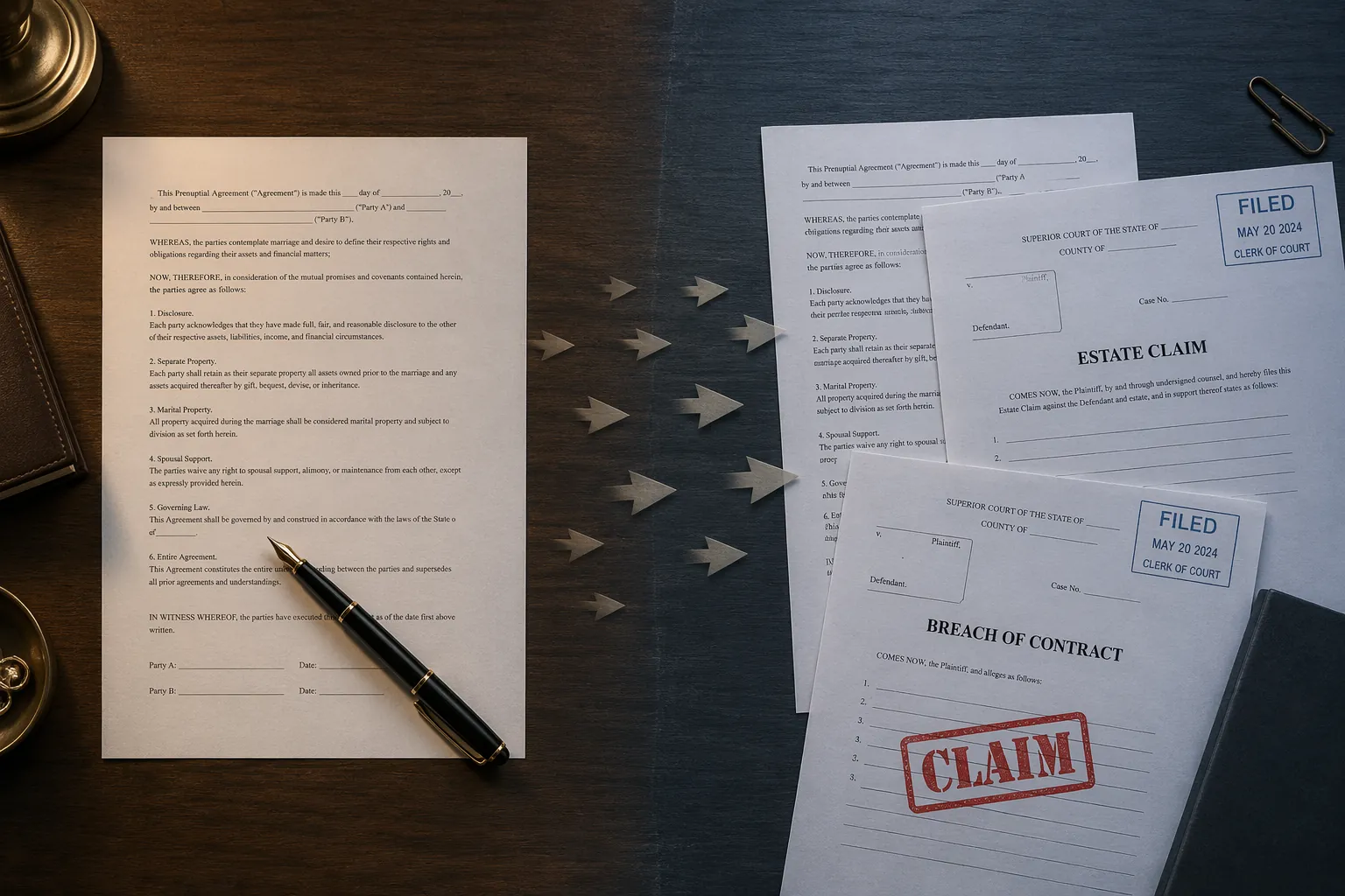 Prenuptial agreement papers shifting into estate claim forms on a desk