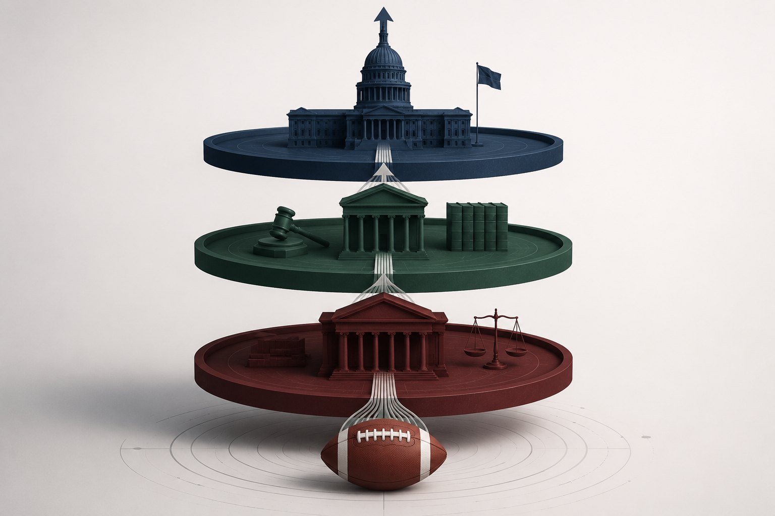 Three legal enforcement layers rising from a football