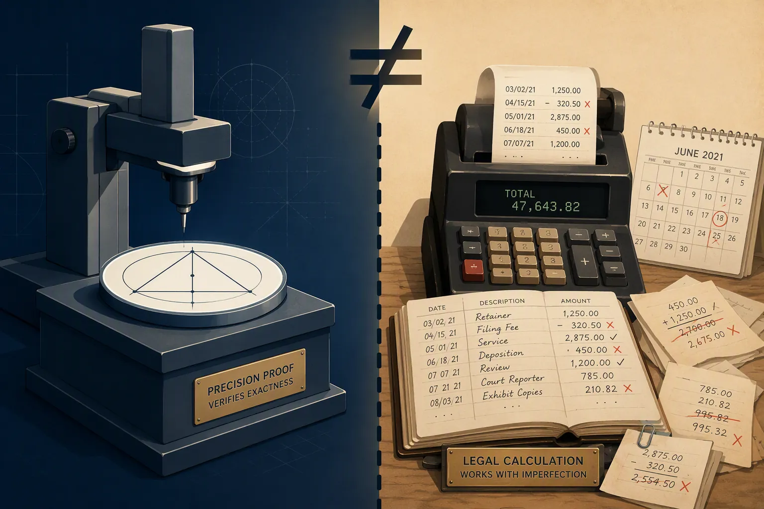 Proof-checking machine and separate legal calculation device divided by an unequal-sign motif