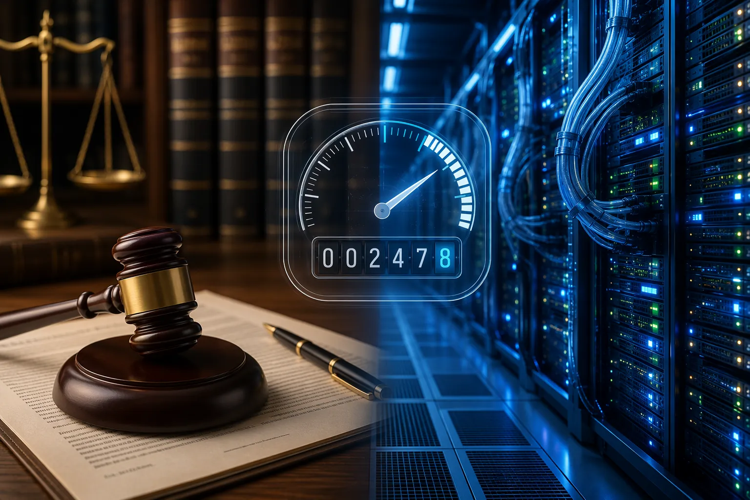 Gavel and legal documents beside AI data center servers with a consumption meter between them
