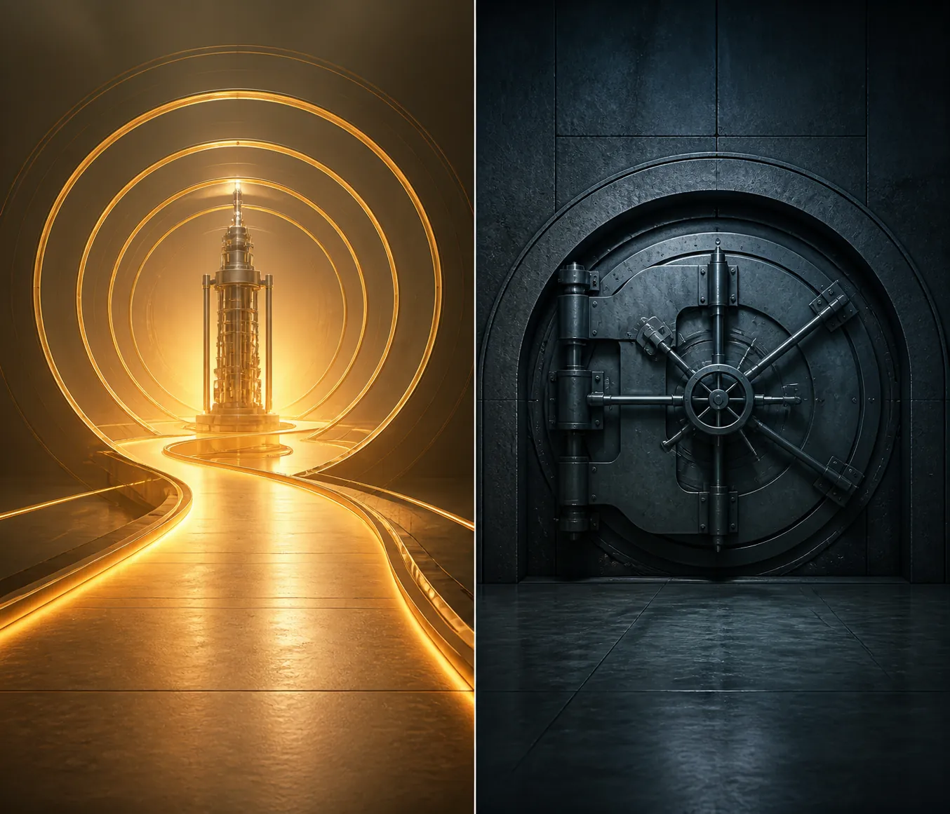Editorial illustration contrasting an open centrifuge pathway with a sealed vault door