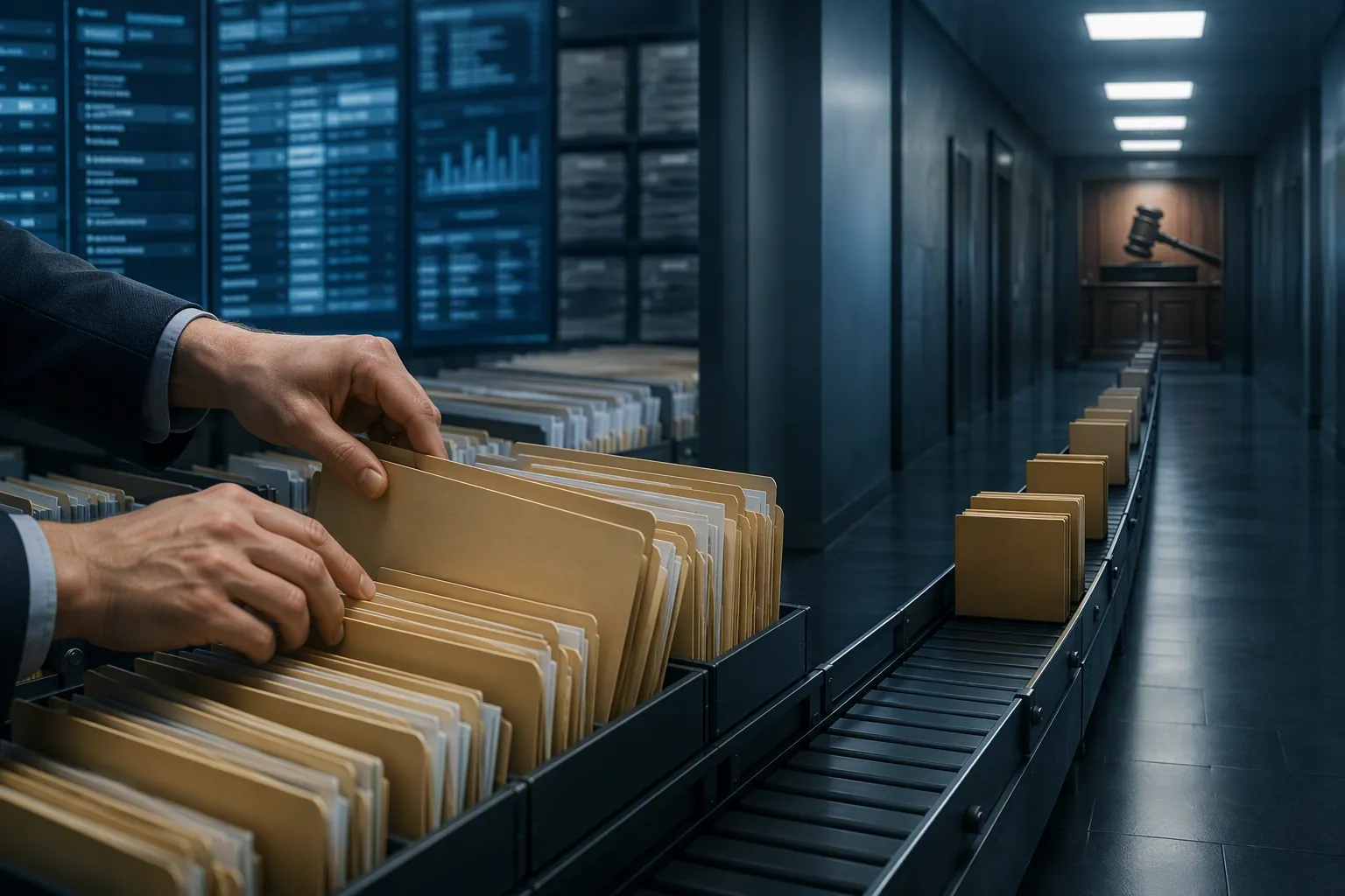 Institutional records pulled from a database toward a courtroom referral path