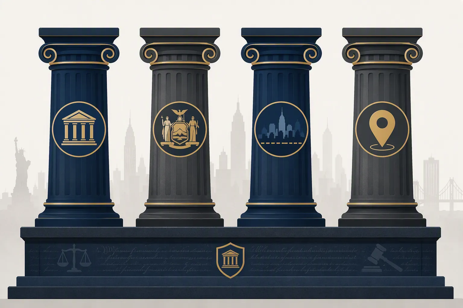 Infographic pillars representing courthouse, state, city, and sensitive-location sanctuary protections in New York