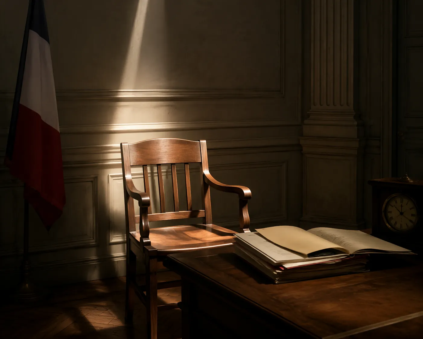 Empty chair beside a legal dossier in a French legal office, suggesting an interrogation that can no longer take place