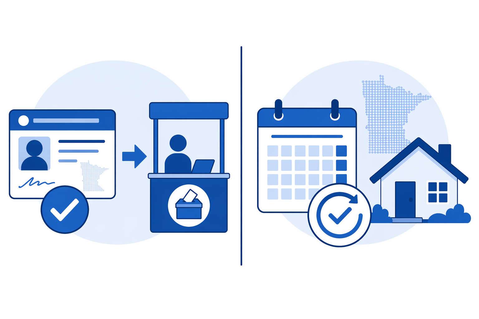 Illustration comparing same-day voter registration with a one-year residency requirement