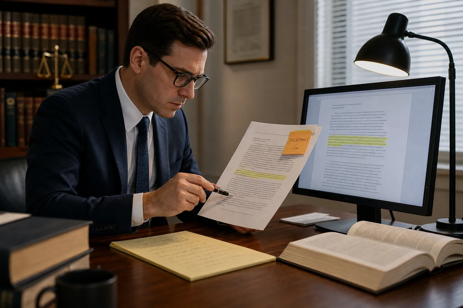 Professional comparing a printed legal document with a highlighted passage on screen during citation verification