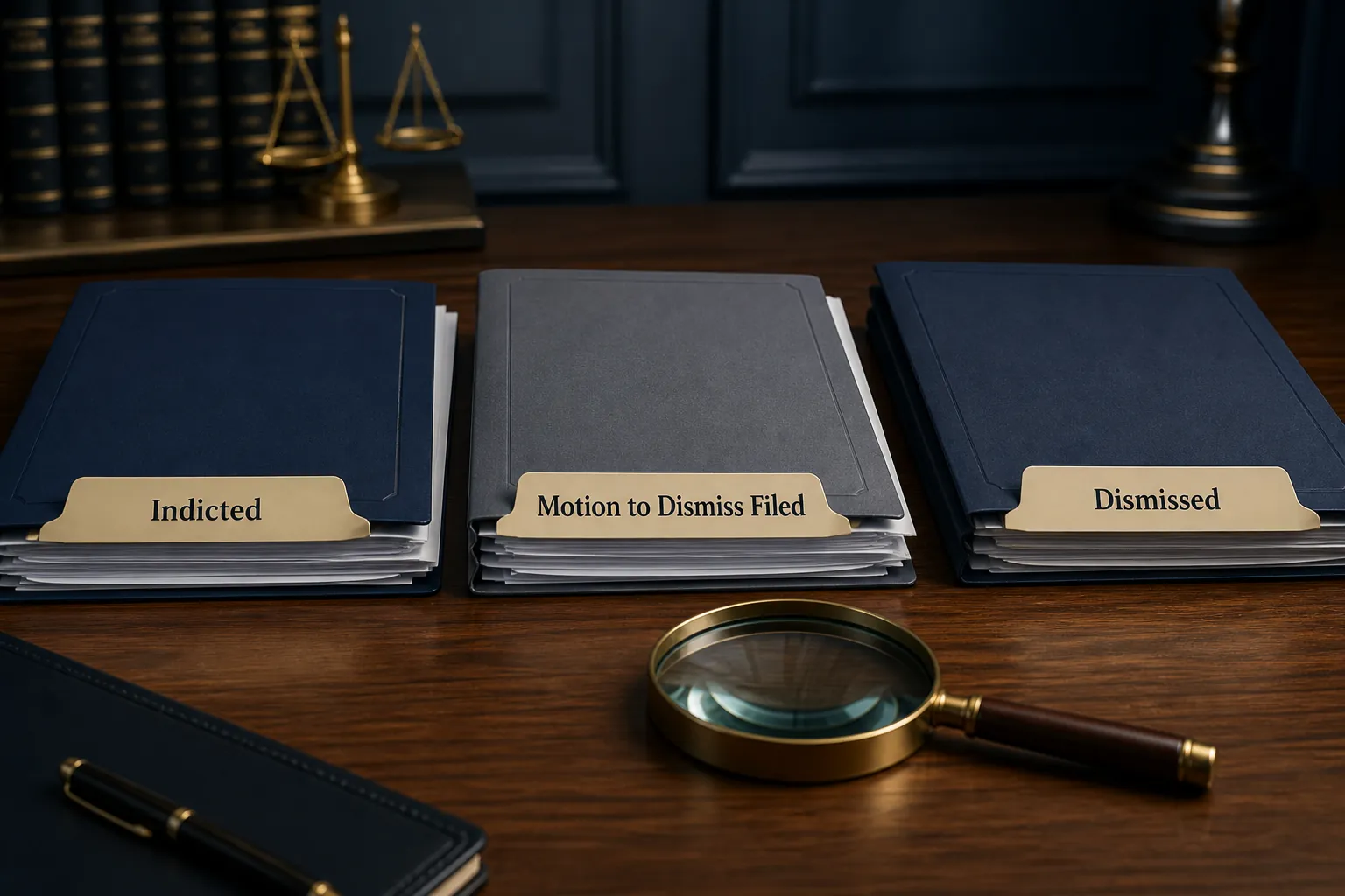 Three legal file folders labeled Indicted, Motion to Dismiss Filed, and Dismissed with a magnifying glass beside them