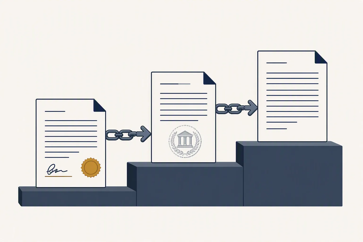 Three legal documents connected by chain-link arrows on ascending steps