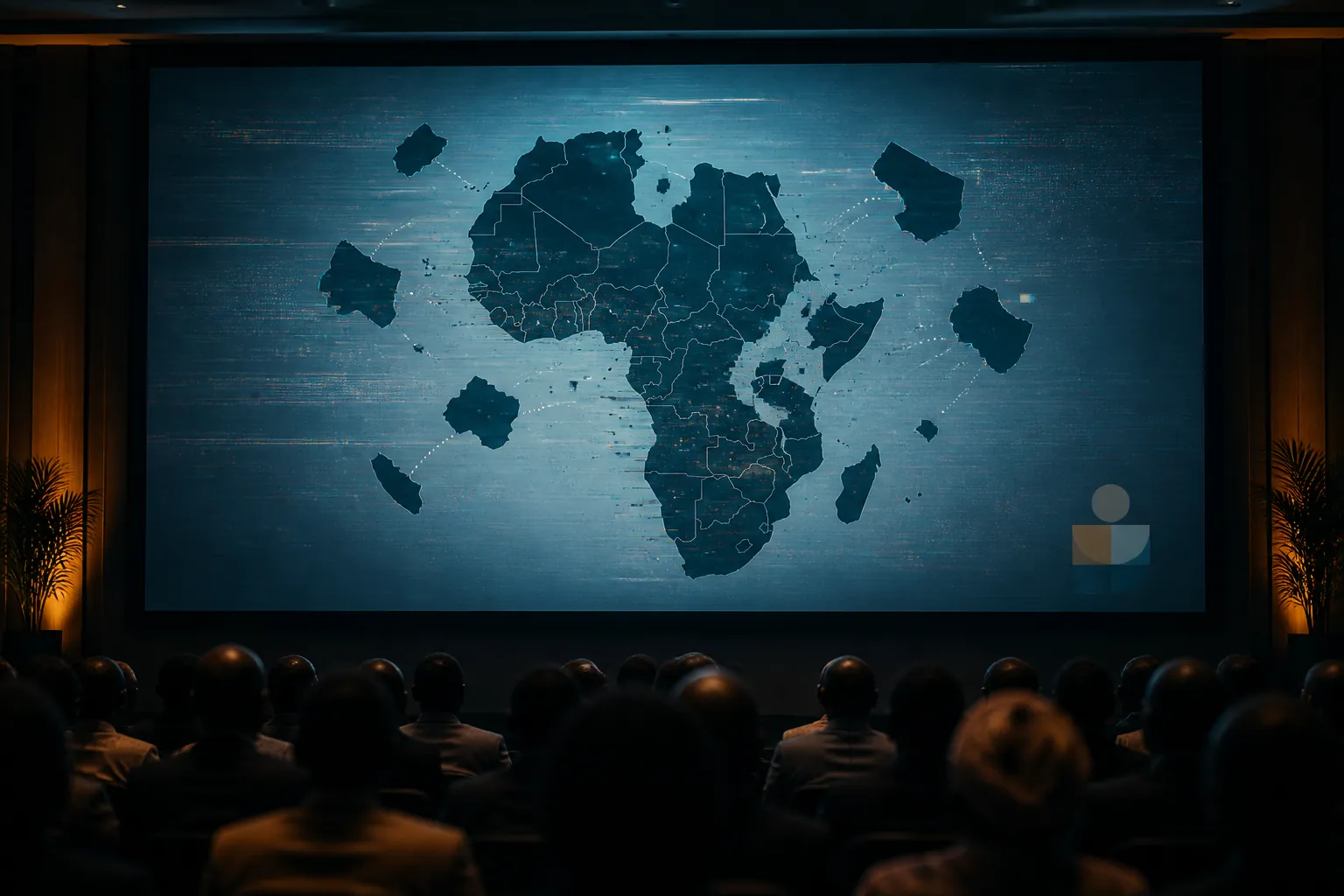 A conference hall audience watches a distorted map of Africa on a large presentation screen