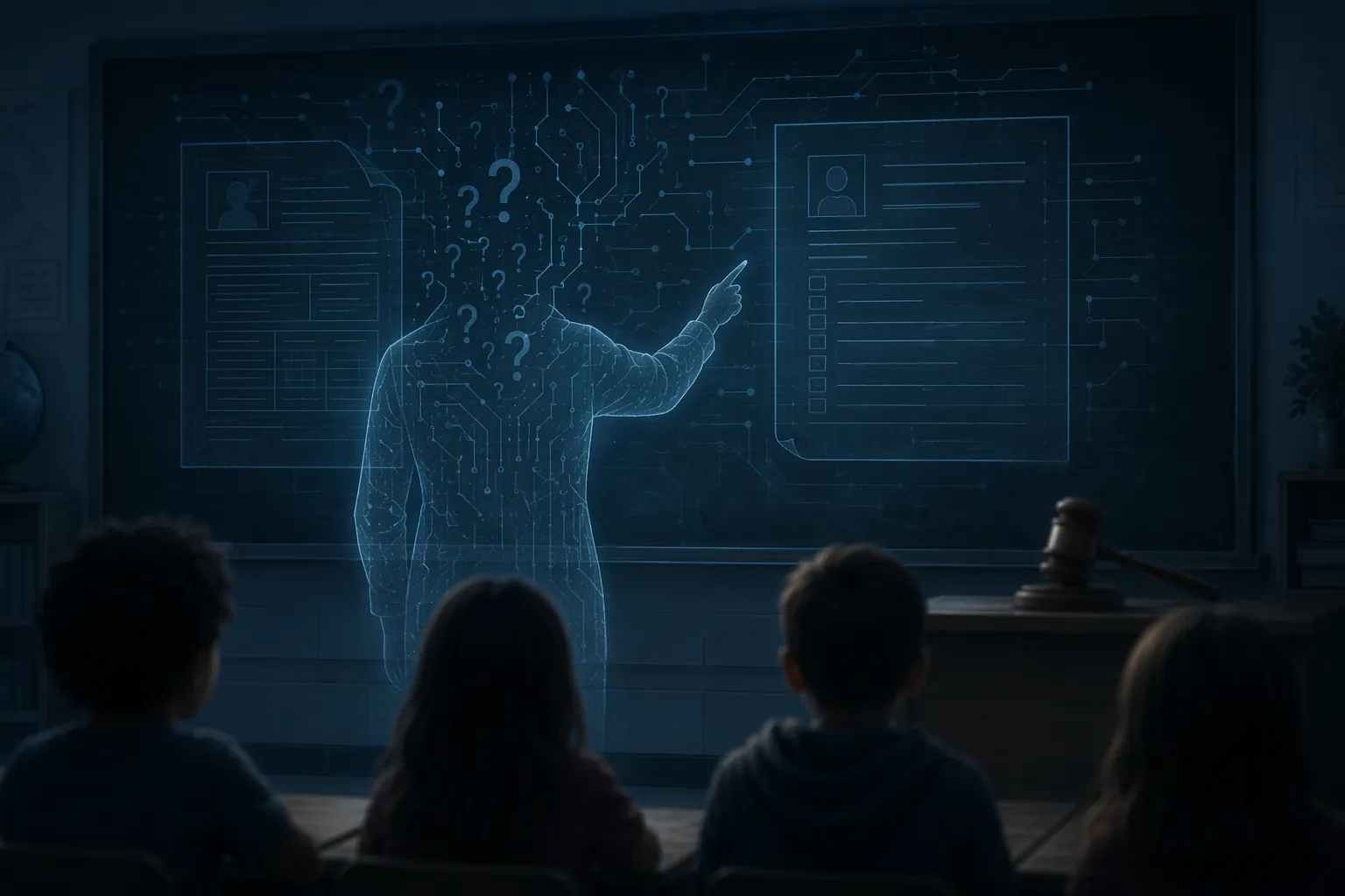 Teacher silhouette replaced by digital patterns beside IEP and disciplinary documents