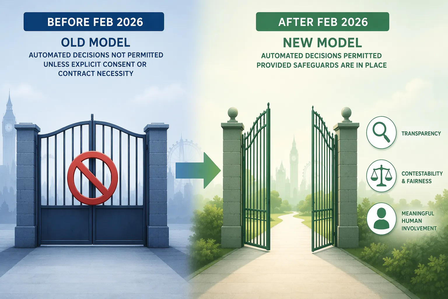 Comparison of old restrictive automated decision-making model and new permitted-provided model with safeguards