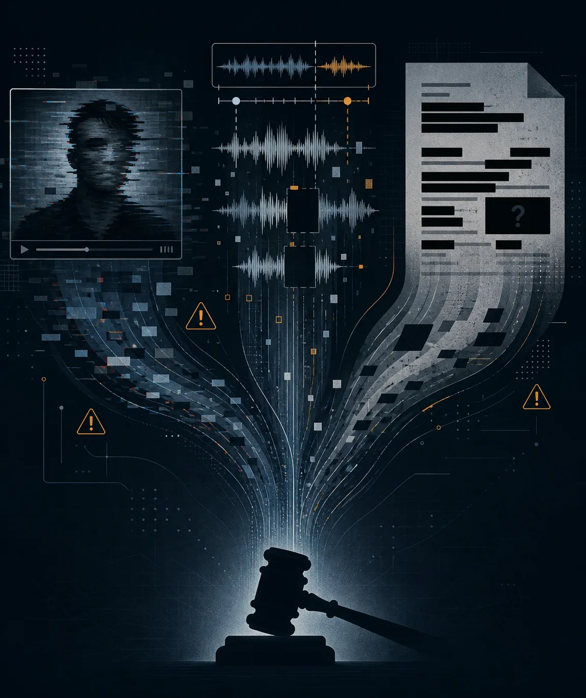 Digital distortion streams from video, audio, and redacted-document evidence converging toward a gavel