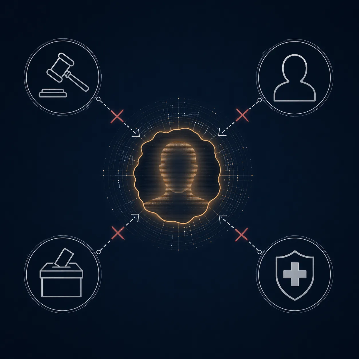 Blurred silhouette face surrounded by broken connections to legal framework icons