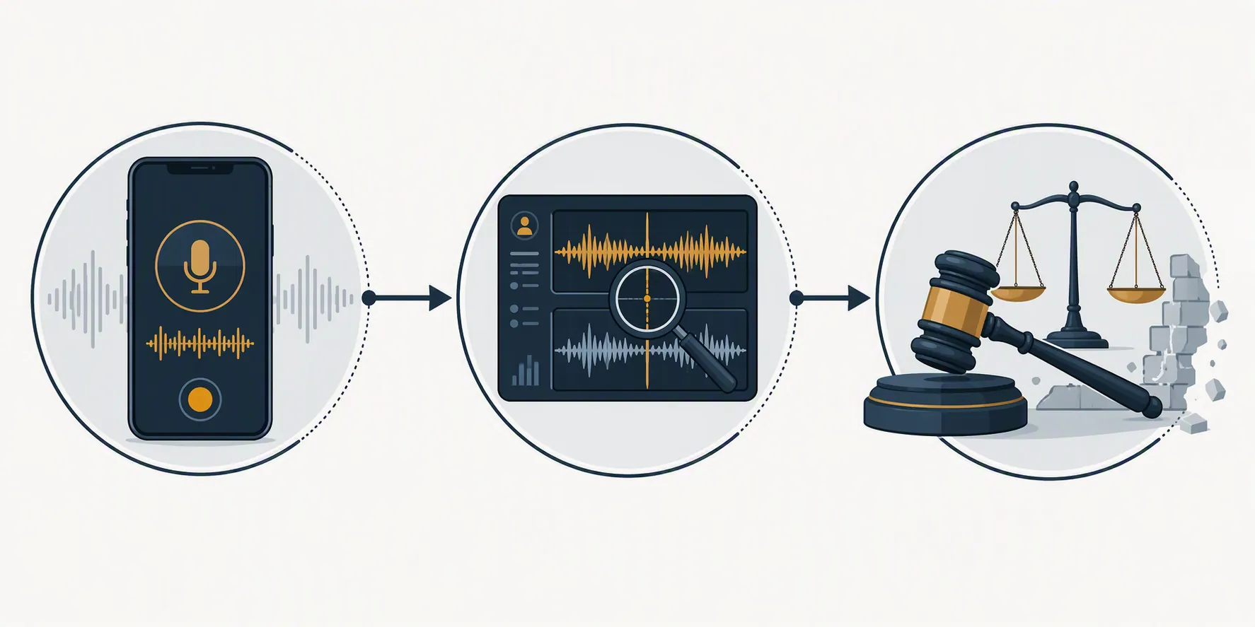 Infographic showing recording release, voiceprint analysis, and legal scrutiny