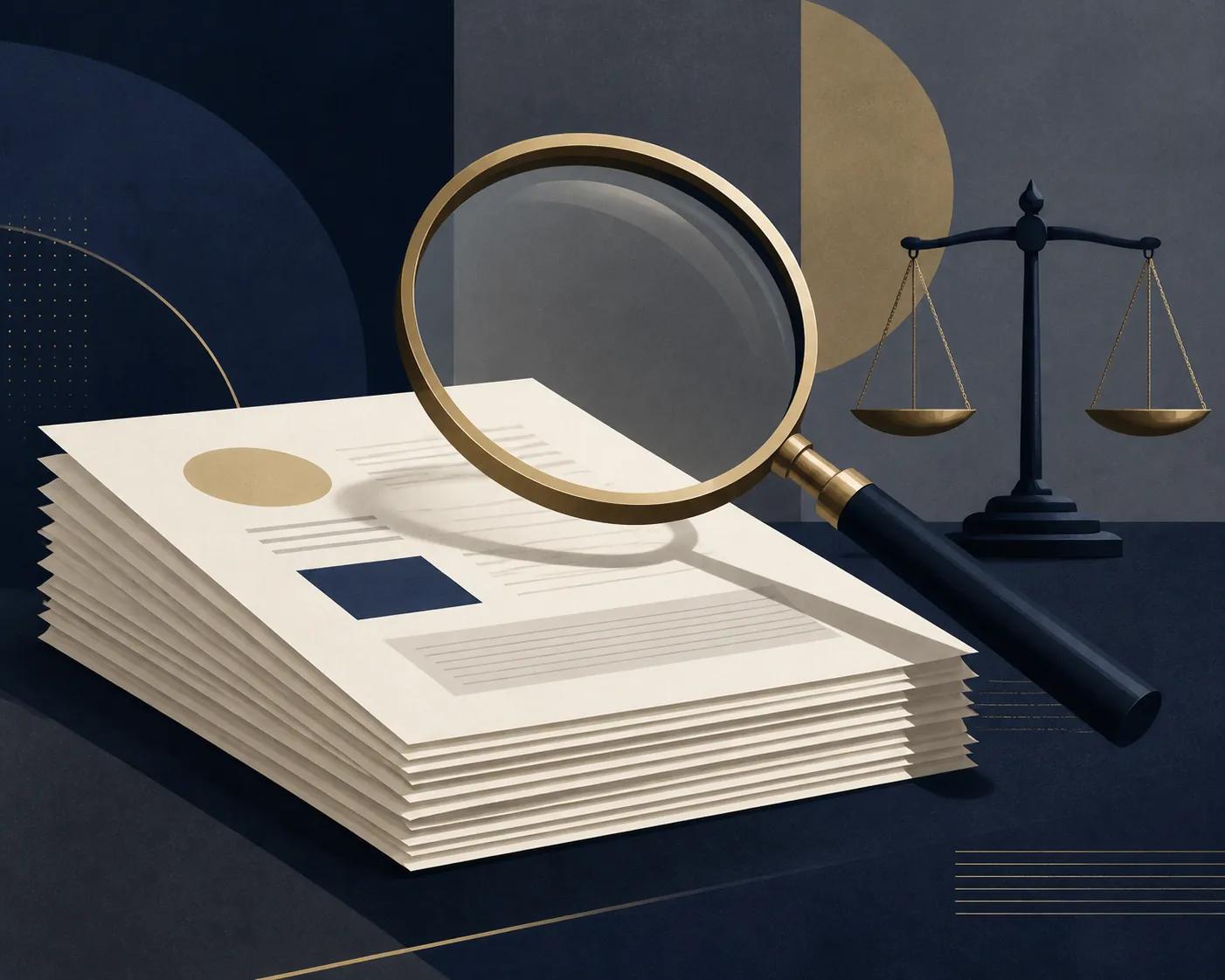 Settlement and payment documents under a magnifying glass beside a balance-scale silhouette