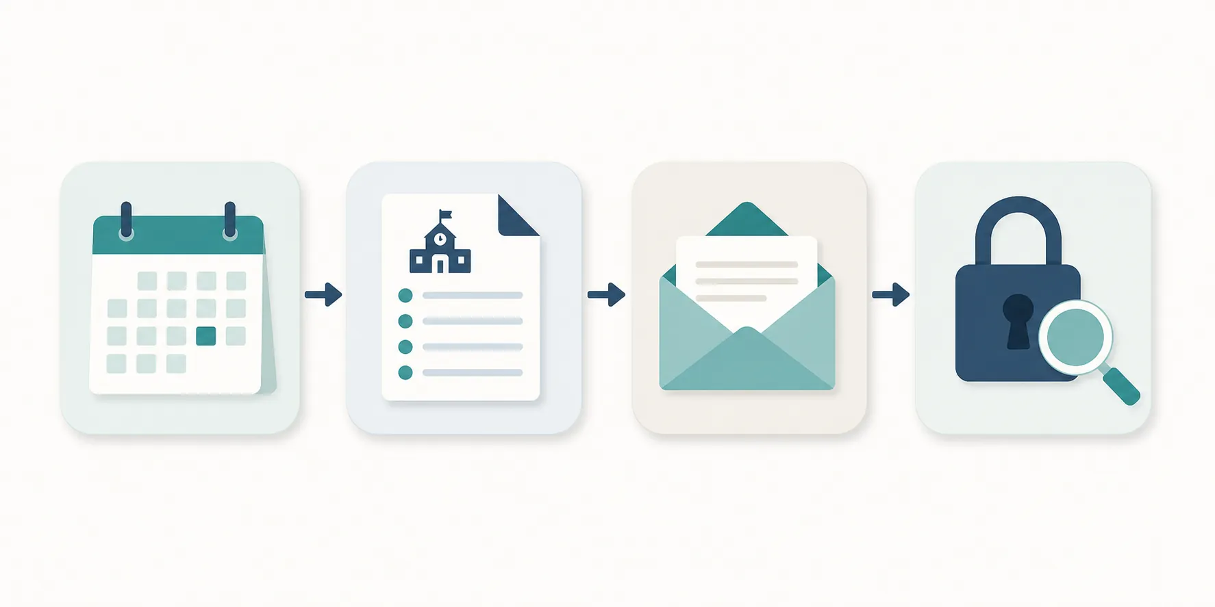 Four-step verification checklist showing a calendar, document, envelope, and padlock with magnifying glass