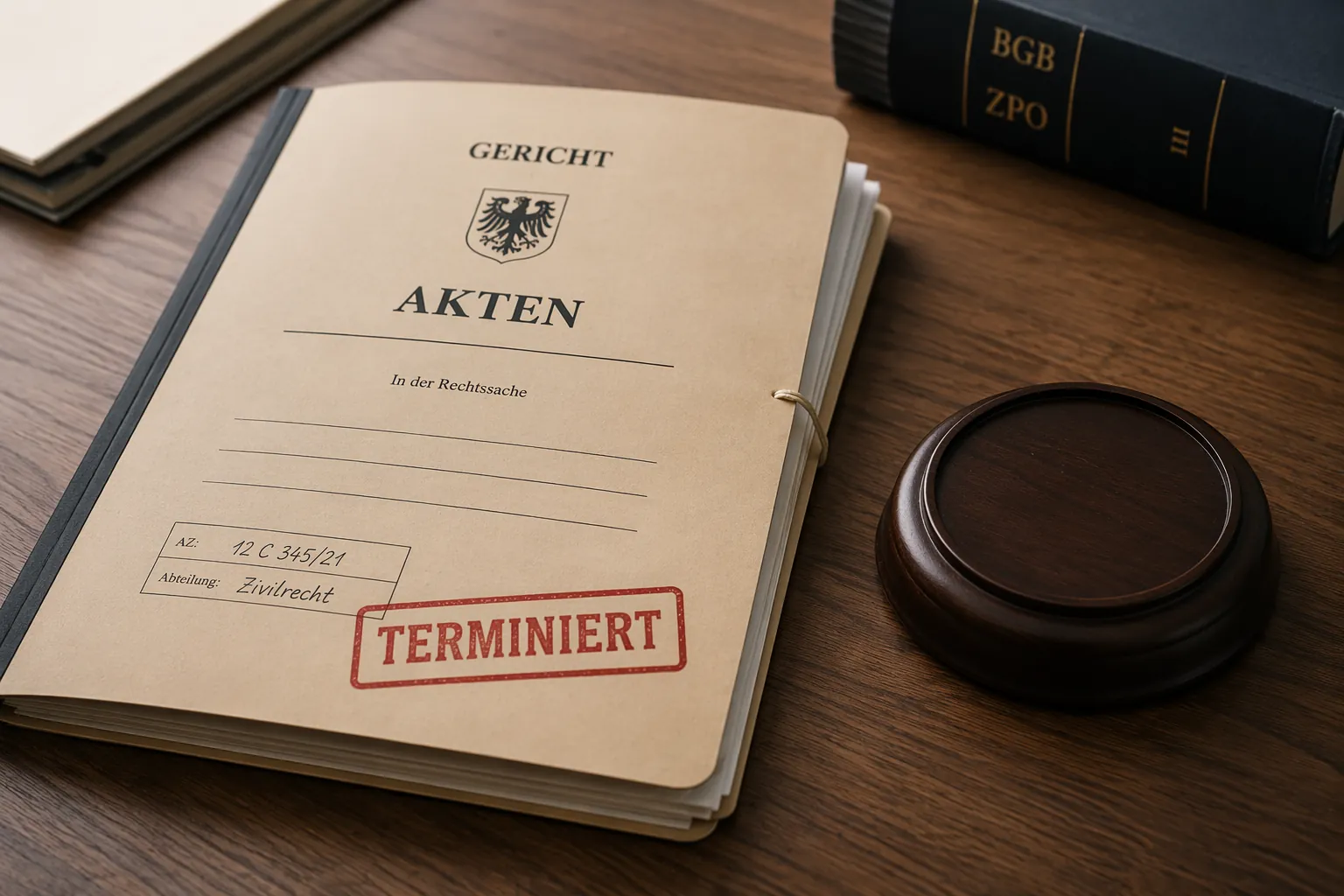 Closed legal case file with a red terminated stamp beside an empty gavel stand