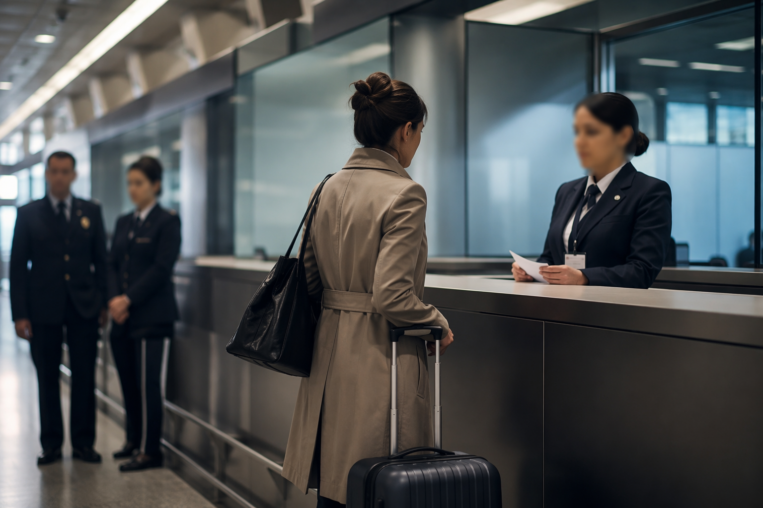 Traveler at a check-in counter facing a uniformed airline employee in a tense airport terminal