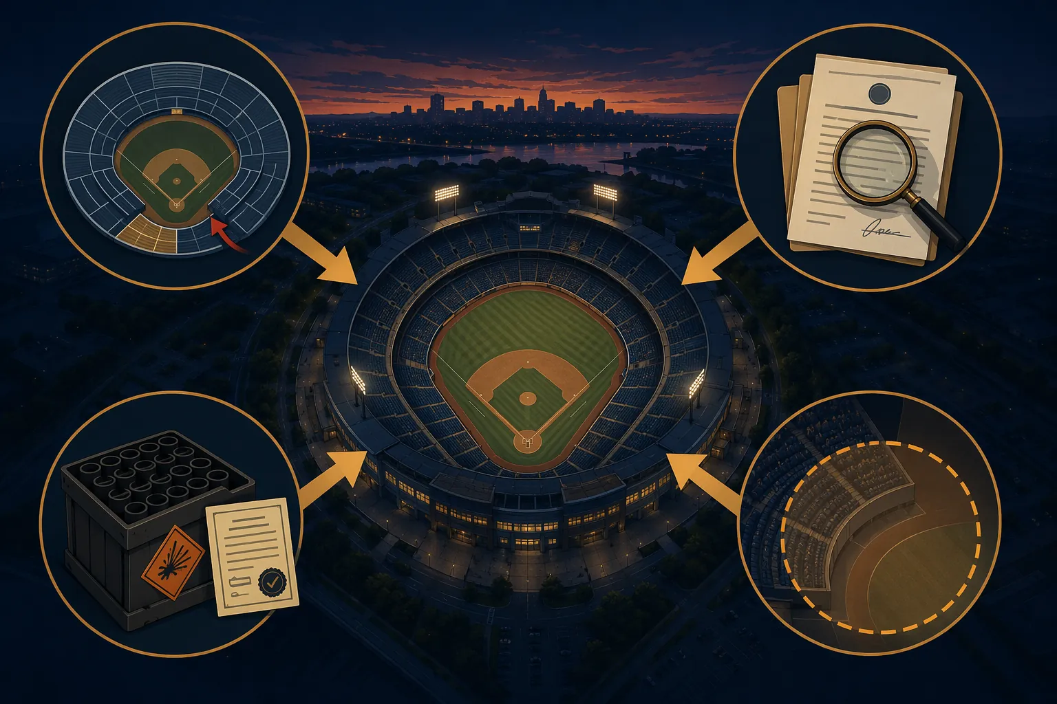 Editorial diagram of four fireworks liability risk factors converging on a baseball stadium