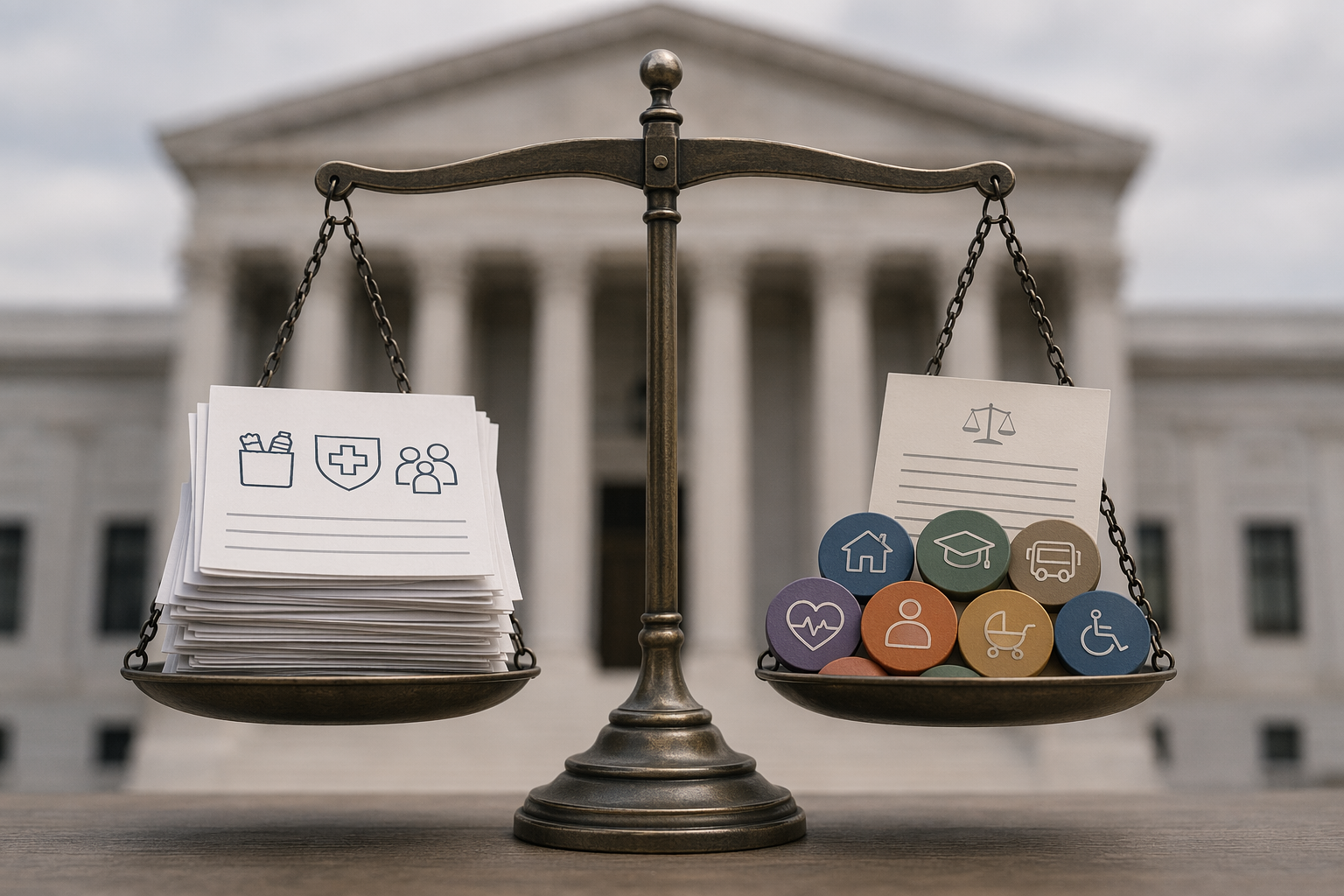 Balanced scale with benefit papers and tokens in front of a government building