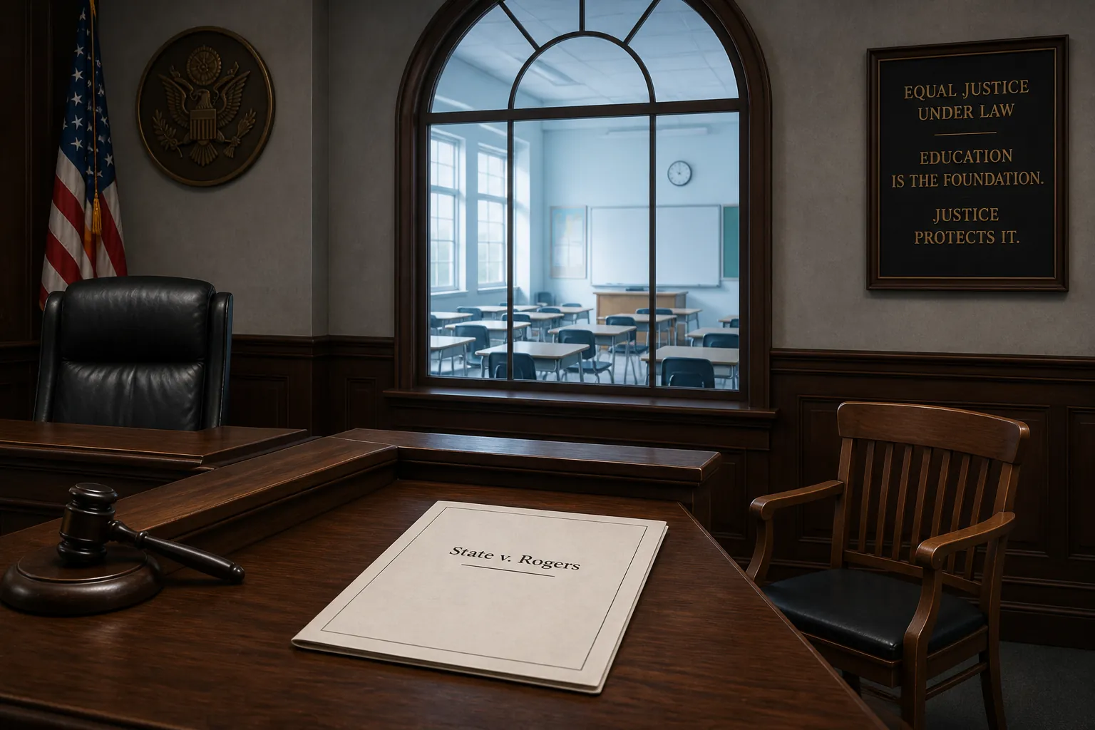 Judge's bench with a State v. Rogers document and an empty classroom visible through a window
