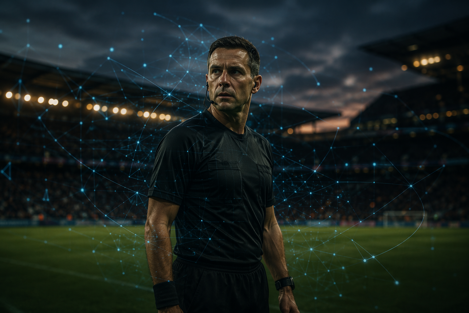 A referee in a dark kit stands alone on a dusk-lit pitch with digital tracking lines and glowing data around him.